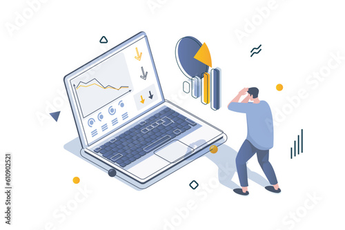 Unemployment crisis concept in 3d isometric design. Man analysis company graphs with arrows down, financial problem and recession. Vector illustration with isometric people scene for web graphic