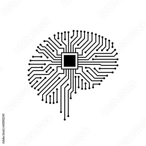 Black and white artificial intelligent symbol of brain circuit board vector icon suitable for AI technology trends, tech in general, crypto mining robot, nft, crypto currency coin and many