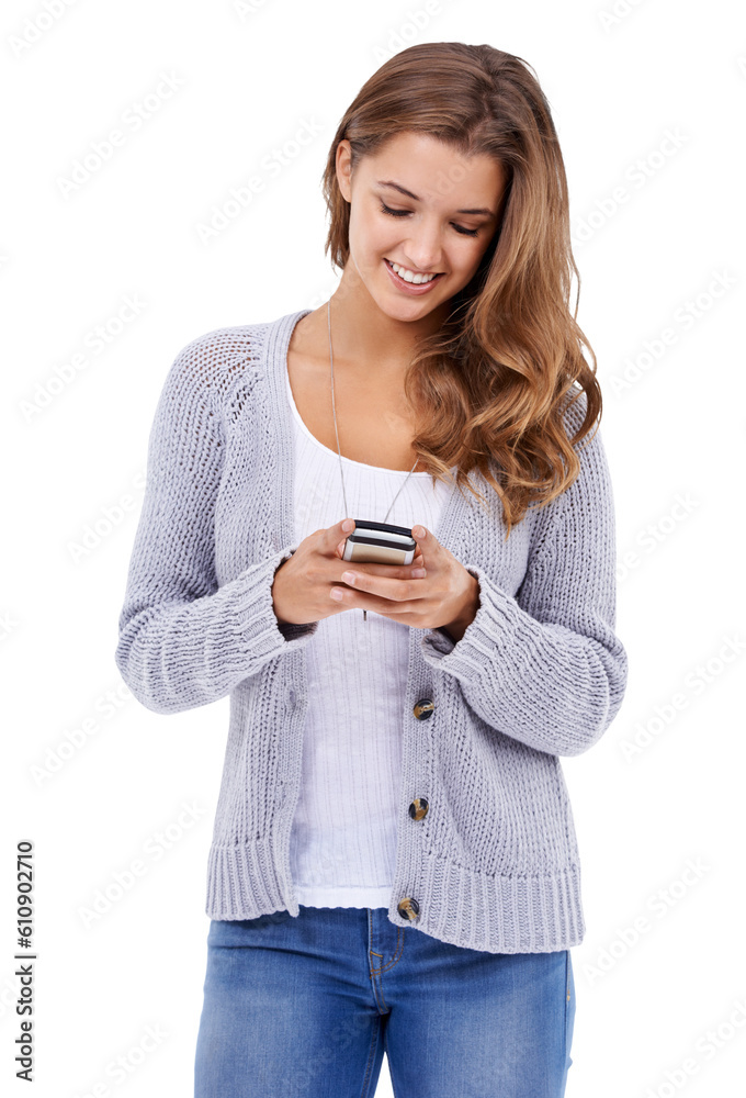 Phone, smile and woman typing isolated on transparent png background. Smartphone, social media and happy person texting, web scroll or networking, online email or internet communication on mobile app Phone, smile and woman typing isolated on transparent png background. Smartphone, social media and happy person texting, web scroll or networking, online email or internet communication on mobile app