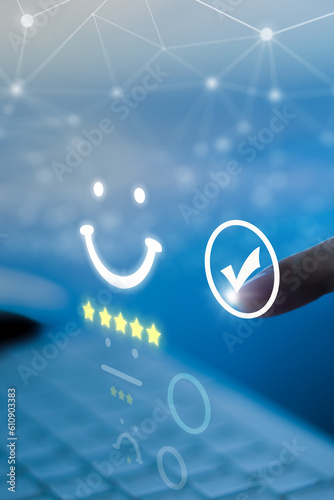 service users give rating to service experience on online application for Customer review satisfaction feedback survey concept, vertical photo