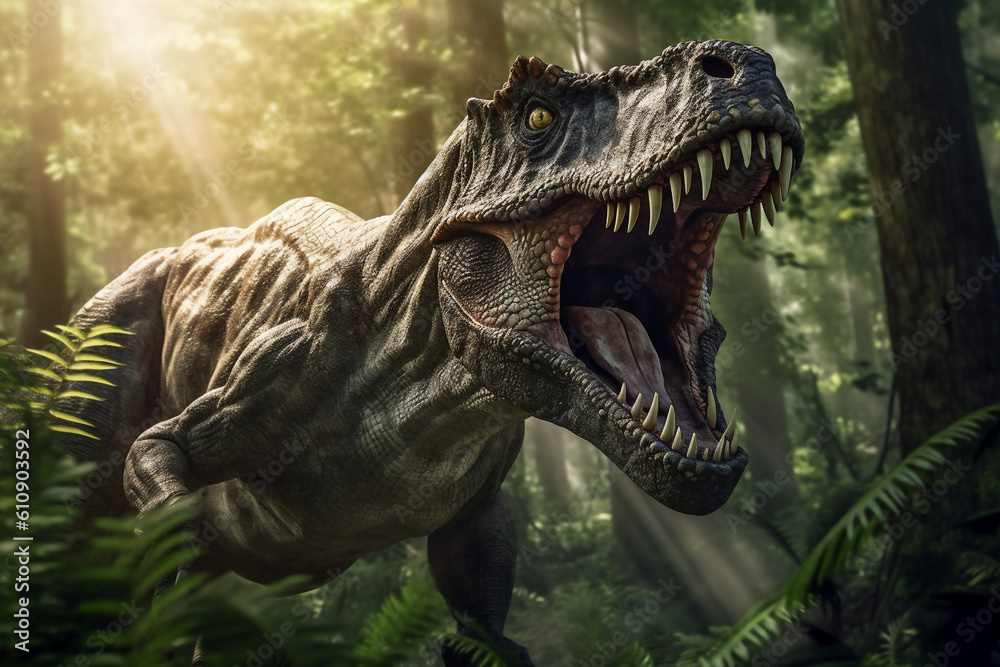 Obraz premium Tyrannosaurus rex is roaring in forest and light beam . Created by generative AI .