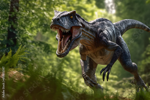 Velociraptor is running in forest . Created by generative AI .