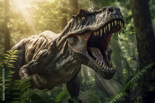 Tyrannosaurus rex is roaring in forest and light beam . Created by generative AI . © stockdevil