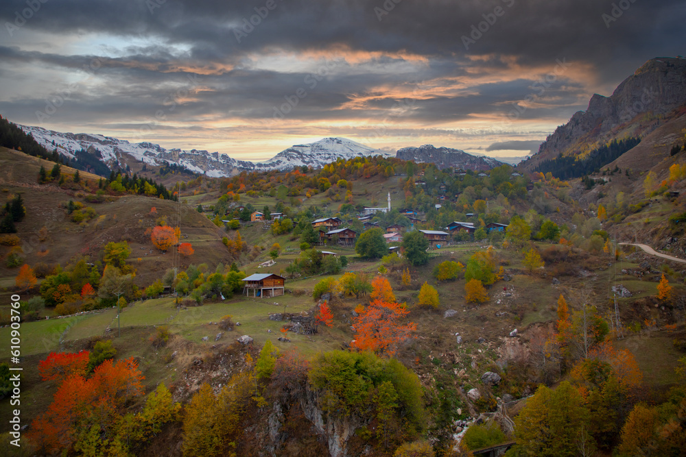Autumn view in Savsat. Artvin, Turkey. Beautiful autumn landscape in Bazgiret Maden Village. Colorful fall nature view with snowy mountains background.