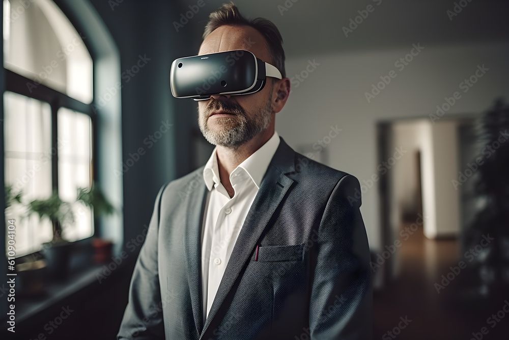 businessman wearing sleek VR glasses is immersed in a virtual reality business meeting. The image symbolizes the seamless integration of technology into the business world. Generative AI businessman wearing sleek VR glasses is immersed in a virtual reality business meeting. The image symbolizes the seamless integration of technology into the business world. Generative AI