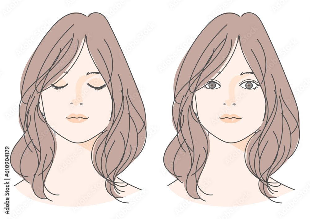 目を閉じたセミロングヘアの日本人女性の顔 正面アップのイラストセット 目を開けた女性のバリエーション 目を閉じたセミロングヘアの日本人女性の顔 正面アップのイラストセット 目を開けた女性のバリエーション