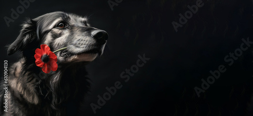 Veterens Dog holding a poppy-like flower in his mouth honoring veterans or his owner. Concept of griefing dog. A pet store or shelter memorial day. Black banner. Created with generative AI technology. photo