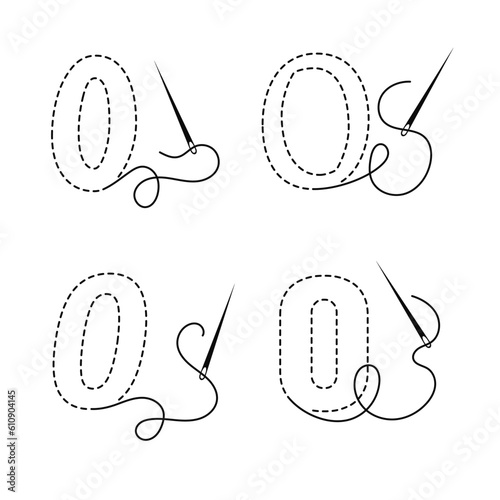 Set of embroidered number zero with interrupted contour in four variants. Hand made vector illustration with black embroidery thread and sewing needle on white background	