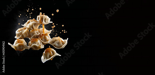 Falling Dumplings. isolated black background Banner. Created with generative AI technology.