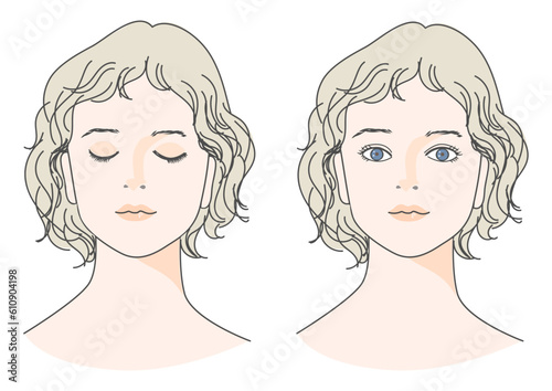 目を閉じたカールヘアの日本人女性の顔 正面アップのイラストセット 目を開けた女性のバリエーション