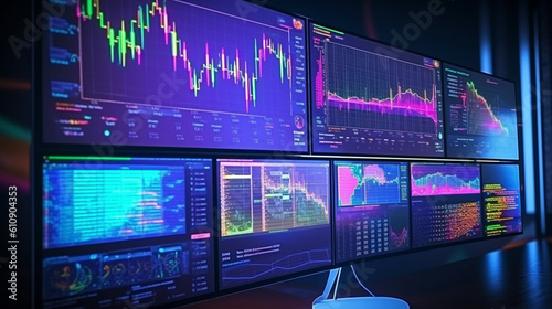 Immersed in data visualization: Monitor screen perspective with digital analytics visuals and financial schedule. Generative AI
