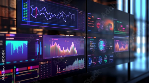 Interactive data exploration: Perspective view of monitor screen with digital analytics visualization and financial schedule. Generative AI