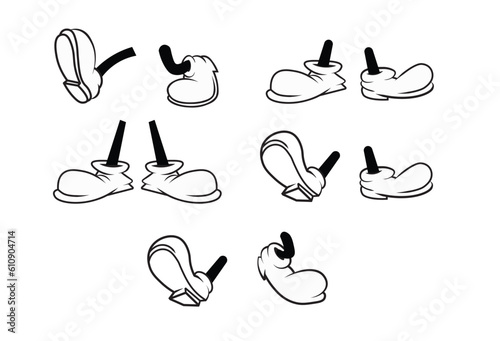 Cartoon Feet and Legs Vintage Animation Vector illustration, various poses and angles, drawn in a vintage, rubber-hose animation style on a white background