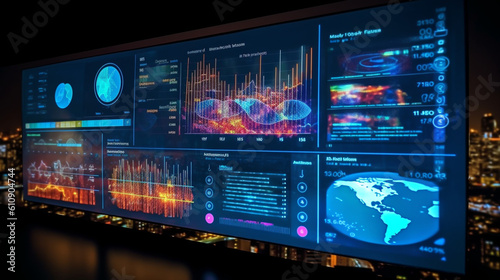 Perspective view: Digital analytics data visualization on a monitor screen with financial schedule. Generative AI