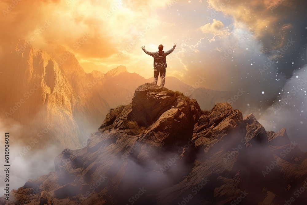 Fototapeta premium Man standing on top of the mountain and looking at the valley,The man thank God on the mountain.Generative Ai