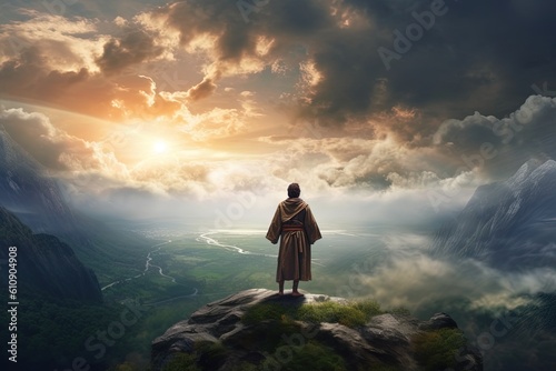 Man standing on top of the mountain and looking at the valley The man thank God on the mountain.Generative Ai