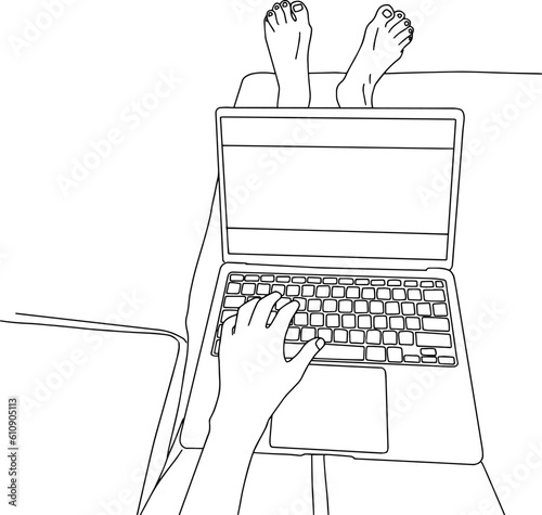Outline sketch of laptop on lap with hand on keyboard and feet laying on coach.