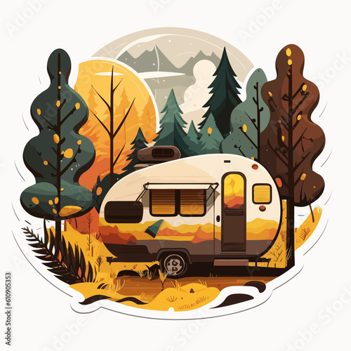 Travel by caravan for adventure. Summer holidays and camping. Family trip. Cartoon vector illustration. label