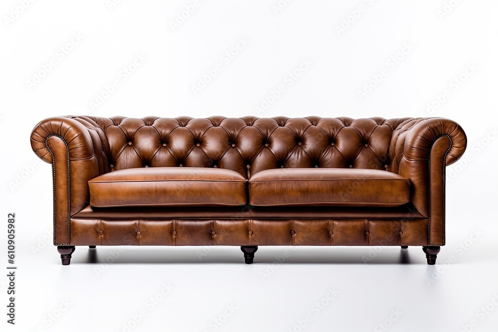 Brown leather sofa on white background created using generative AI tools Brown leather sofa on white background created using generative AI tools