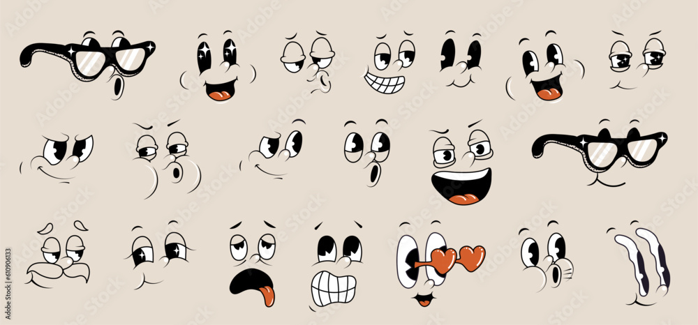 Cartoon retro faces. Vintage emotional face, old style funny eyes and mouth, different facial expression. Vector set - obrazy, fototapety, plakaty 