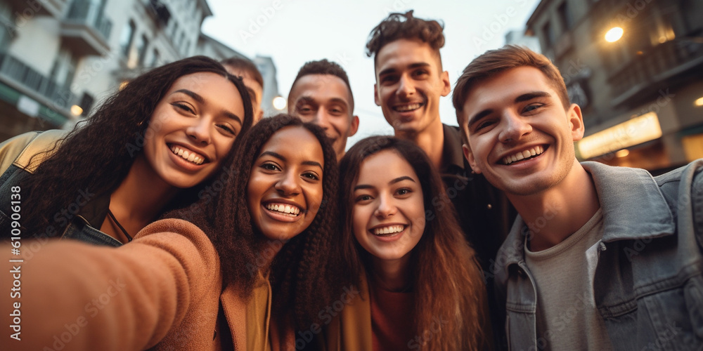 Eine Gruppe mit multikulturellen Multikulti Menschen haben Spaß und lachen freundlich, ai generativ