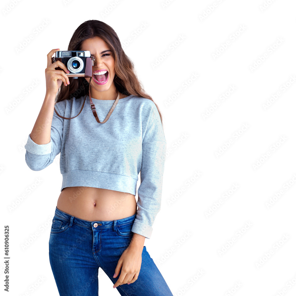 Isolated woman, retro camera and portrait for photographer, excited face and transparent png background. Girl, professional photography and vintage tech for memory, smile and happiness for magazine Isolated woman, retro camera and portrait for photographer, excited face and transparent png background. Girl, professional photography and vintage tech for memory, smile and happiness for magazine