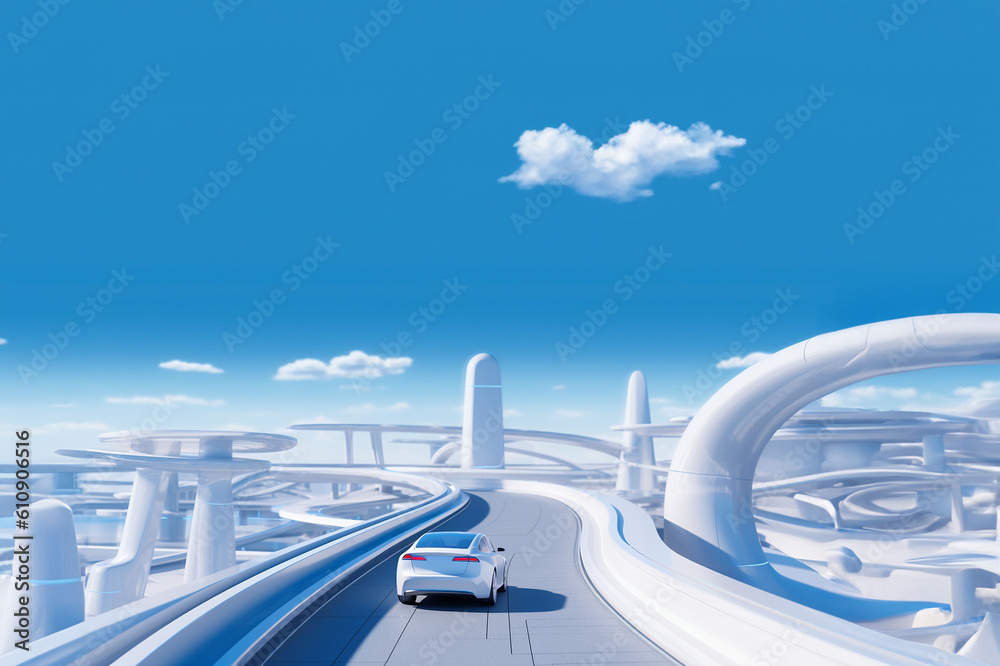 Futuristische Architektur für Fahrbahn in naher Zukunft mit Elektroauto E Fahrzeug Mobilität CO2 neutral, ai generativ