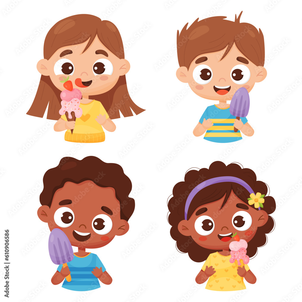 Collection happy kids with ice cream. Cute different girls and boys. Vector illustration in cartoon style. Isolated funny smiling characters on white background Collection happy kids with ice cream. Cute different girls and boys. Vector illustration in cartoon style. Isolated funny smiling characters on white background