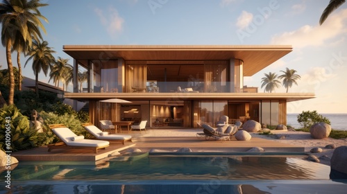 An idyllic image of a luxurious villa nestled on a pristine beach, with private access to the ocean and thoughtfully designed outdoor spaces for relaxation and entertainment. Generative Ai
