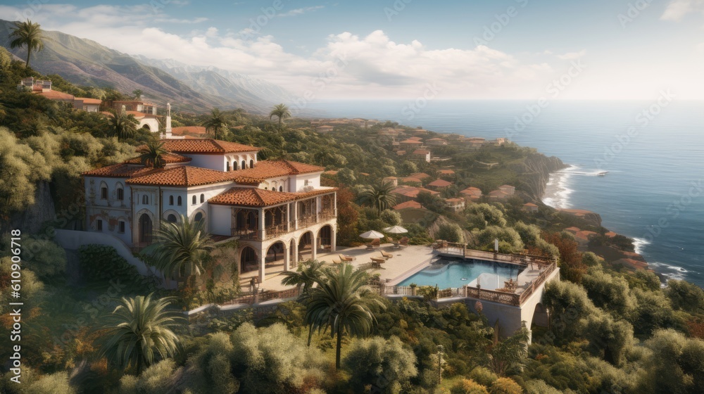 Luxurious American Spanish-style villa nestled on a hilltop, offering panoramic views of the ocean, with terracotta roofs, arched windows, and lush Mediterranean gardens. Generative AI
