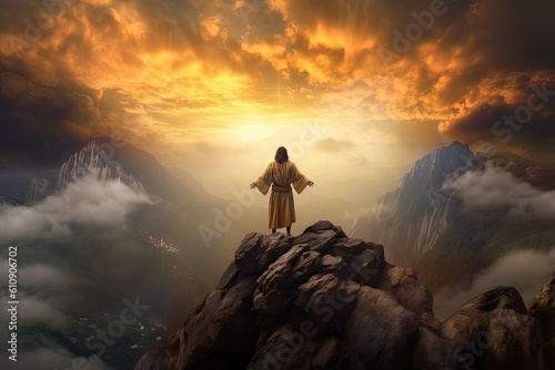 Man standing on top of the mountain and looking into the distance,The man thank God on the mountain.Generative Ai © Rudsaphon