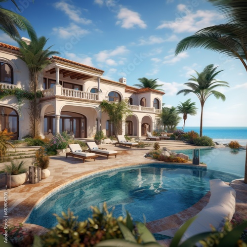 An elegant American Spanish-style villa with boasting beautiful terraces, colorful tiles, and a pristine infinity pool. Generative Ai © bluebeat76