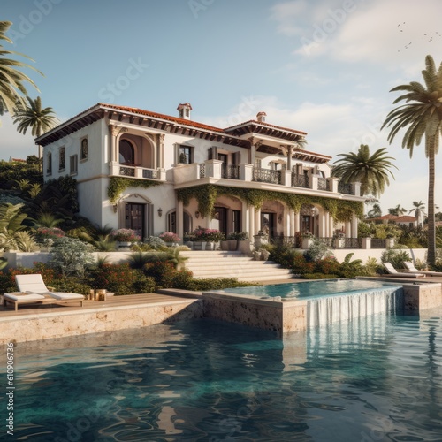 An elegant American Spanish-style villa with boasting beautiful terraces, colorful tiles, and a pristine infinity pool. Generative Ai