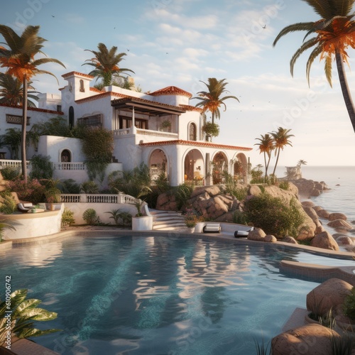 An elegant American Spanish-style villa with boasting beautiful terraces  colorful tiles  and a pristine infinity pool. Generative Ai