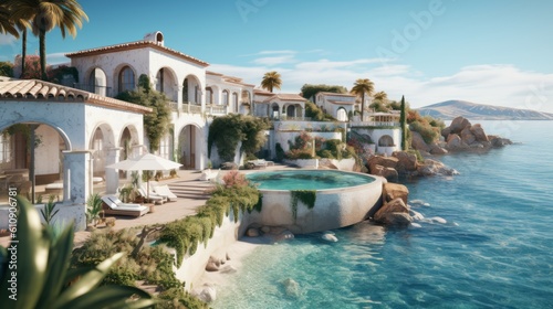 Elegant Spanish-style villa with a private path leading directly to the sandy shores  boasting beautiful terraces  colorful tiles  and a pristine infinity pool. Generative Ai