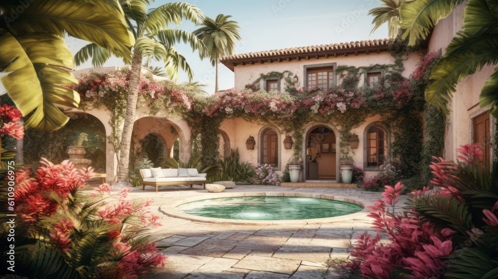 A tranquil image of a spacious Spanish villa surrounded by palm trees and vibrant bougainvillea, with a charming courtyard, tiled fountain. Generative AI