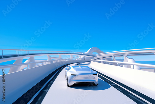 Futuristische Architektur für Fahrbahn in naher Zukunft mit Elektroauto E Fahrzeug Mobilität CO2 neutral, ai generativ