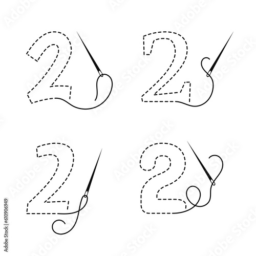Set of embroidered number two with interrupted contour in four variants. Hand made vector illustration with black embroidery thread and sewing needle on white background