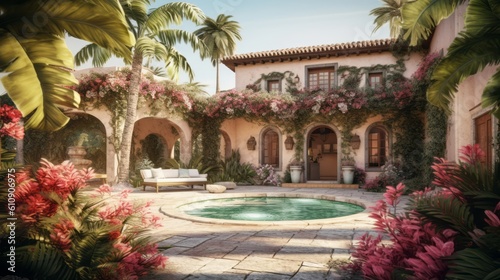 A tranquil image of a spacious Spanish villa surrounded by palm trees and vibrant bougainvillea  with a charming courtyard  tiled fountain. Generative AI