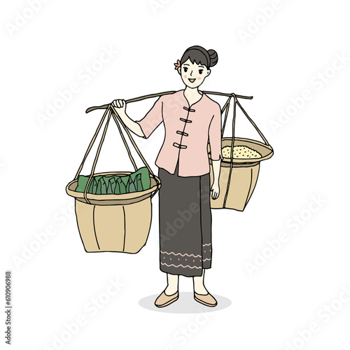 Pretty woman hawker in street food. Hand drawn style vector illustration