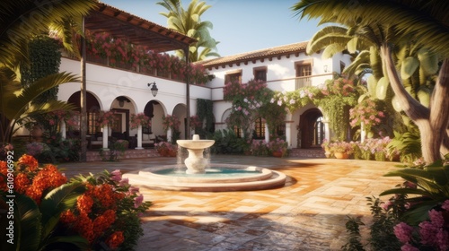 A tranquil image of a spacious Spanish villa surrounded by palm trees and vibrant bougainvillea  with a charming courtyard  tiled fountain. Generative AI