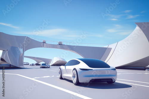 Futuristische Architektur f  r Fahrbahn in naher Zukunft mit Elektroauto E Fahrzeug Mobilit  t CO2 neutral  ai generativ