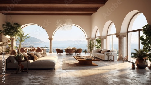 Spacious living room in a luxury Spanish-style villa, adorned with stylish furniture, intricate tilework, and floor-to-ceiling windows showcasing panoramic ocean views. Generative Ai