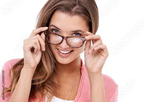 Portrait  vision and glasses with a woman isolated on a transparent background for optometry. Face  eyewear and eyesight with an attractive young female customer at the optometrist or optician on PNG