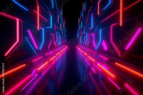 3d render, Abstract panoramic red blue pink neon tunnel background . Generative Ai