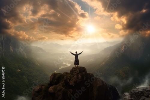 Man with arms raised standing on top of a mountain,The man thank God on the mountain. Generative Ai