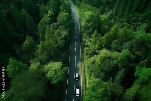 Aerial View of Asphalt Road and Green Forest Isolated Illustration on Transparent Background, Generative AI © Flowstudio