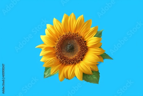 Sunflower blooming on blue background. Generative Ai