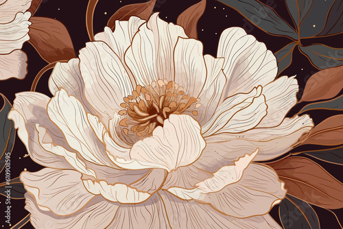 Fototapeta Naklejka Na Ścianę i Meble -  Abstract peony flower line art background  . Exotic nature design for cover, wall art, invitation, fabric, poster, canvas print in watercolor style. Generative AI