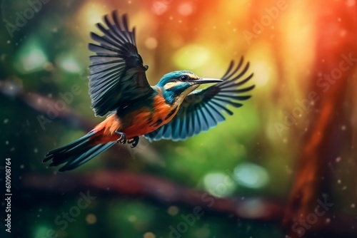 Colorful Exotic Bird in Flight Forest Landscape Background. Generative AI © Flowstudio